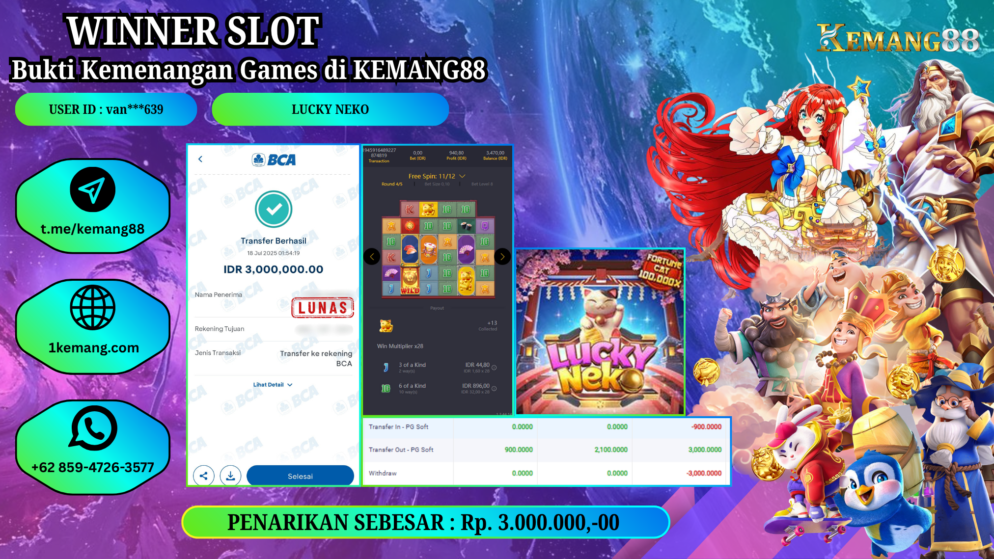 KEMANG88 [18 JULY 2025] : JACKPOT SLOT :  LUCKY NEKO [PG]  Rp.3.000.000.,- LUNAS